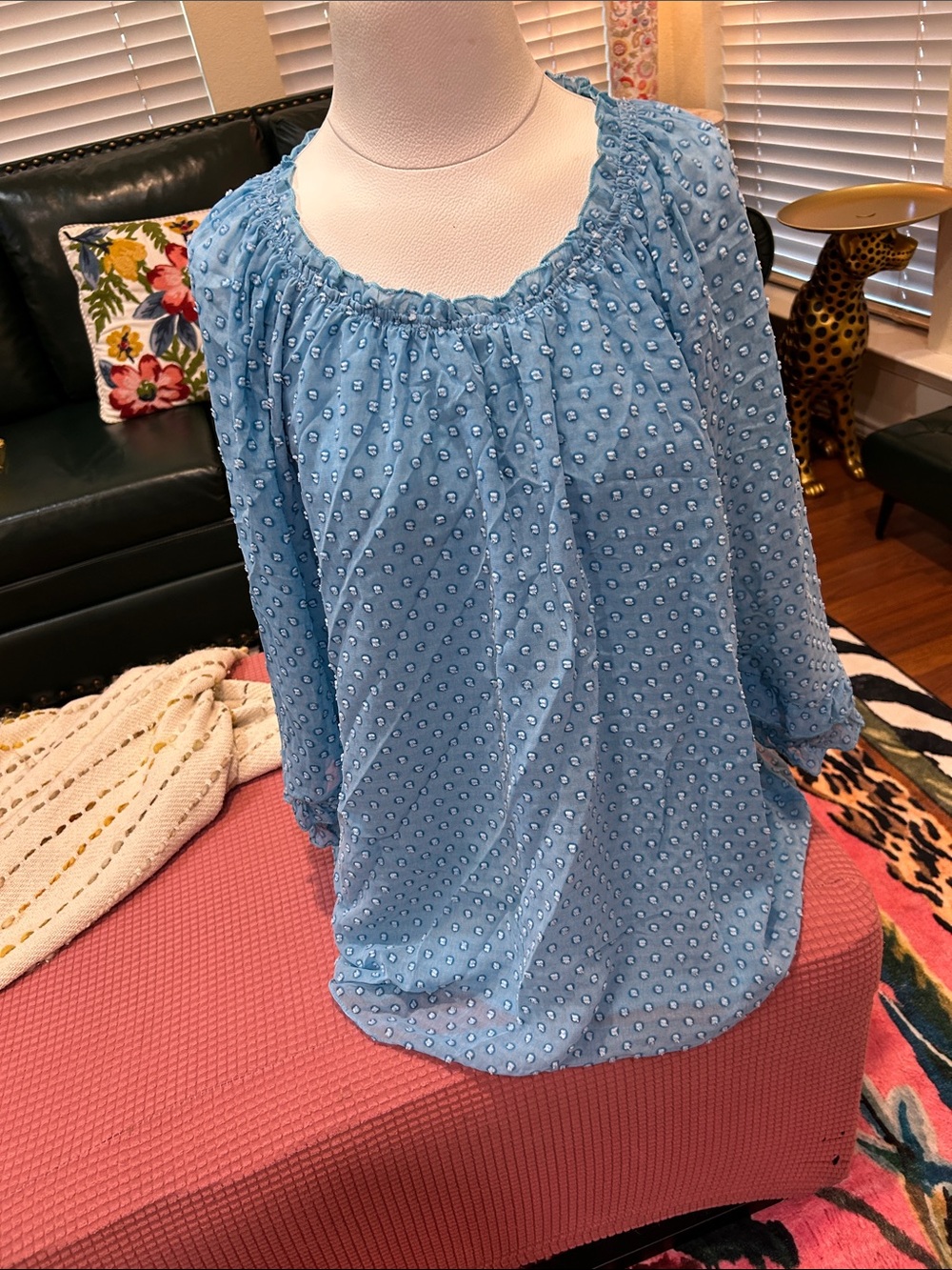 Cato Light Blue Swiss Dot Peasant Top